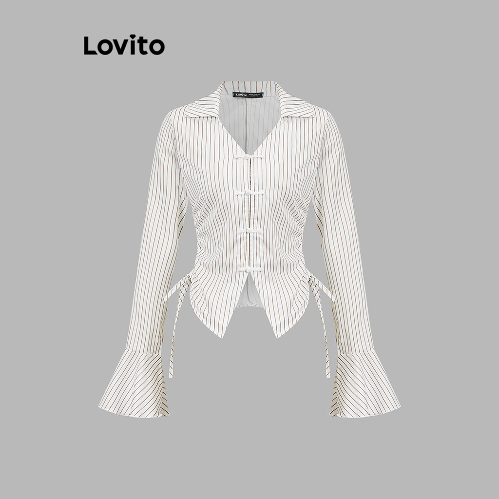 Lovito เสื้อเบลาส์ลายทางผูกโบว์ข้างแบบลำลองสำหรับผู้หญิง L110AD533