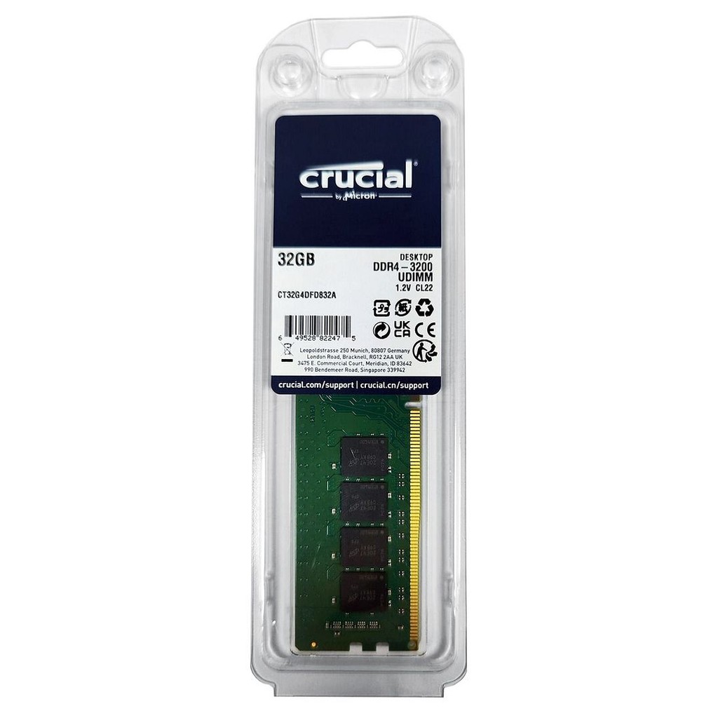 Crucial 1x32GB DDR4 3200 MHz CL22 UDIMM RAM Desktop Memory, CT32G4DFD832A