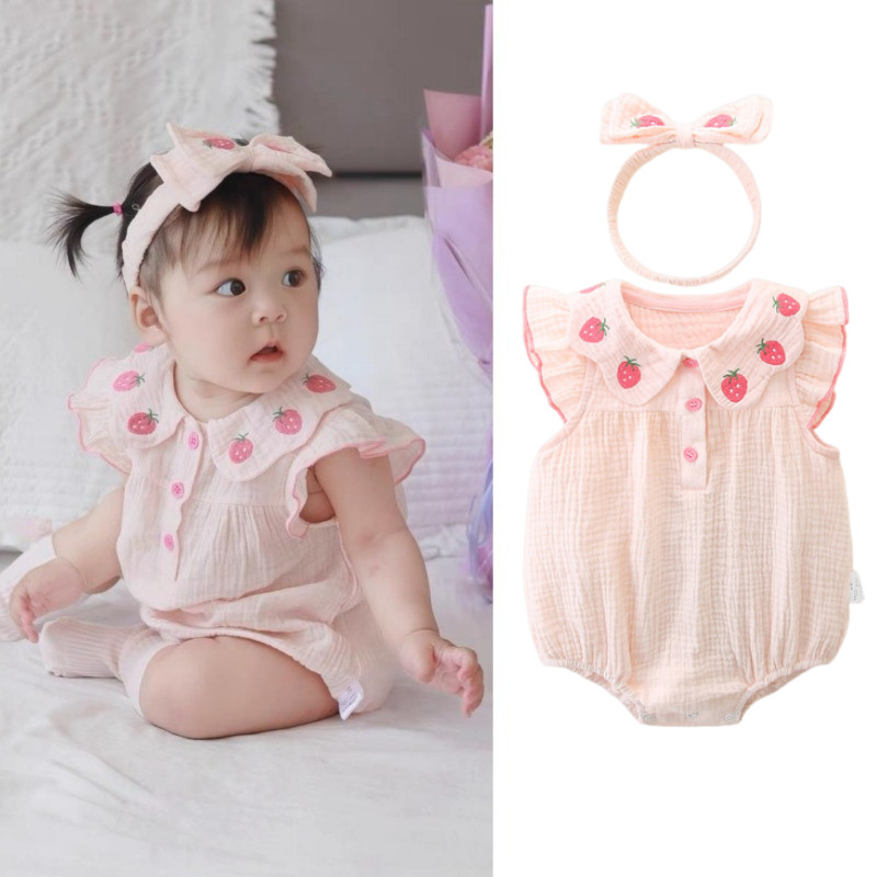 เด็ก ชุดรอมเปอร์ เสื้อผ้า + แถบคาดศีรษะฤดูร้อนแขนสั้นเหมาะสมกับเด็กทารกน่ารักเจ้าหญิงบอดี้สูท 0-2 ปีเสื้อผ้าเด็ก + แถบคาดศีรษะ
