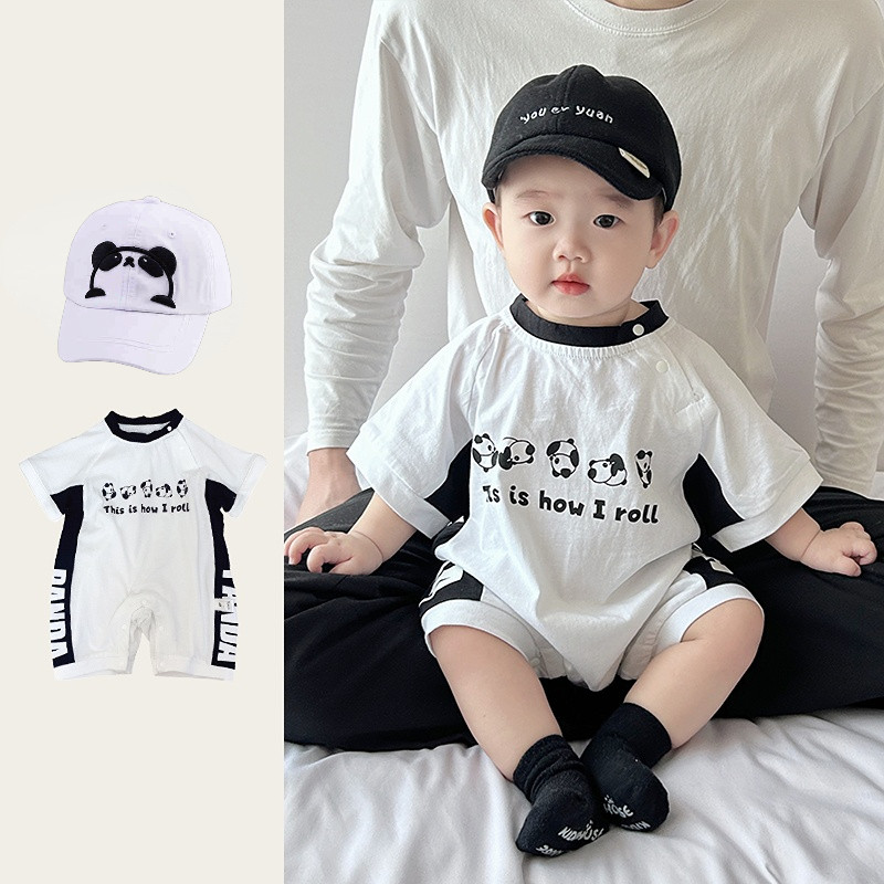 ฤดูร้อนใหม่เสื้อผ้าเด็กชายและหญิงบอดี้สูทแขนสั้น 0-24 เดือนน่ารักสุดน่ารักเด็กการ์ตูนแพนด้า ระดับ ก ผ้าฝ้าย ชุดรอมเปอร์ สไตล์เกาหลี