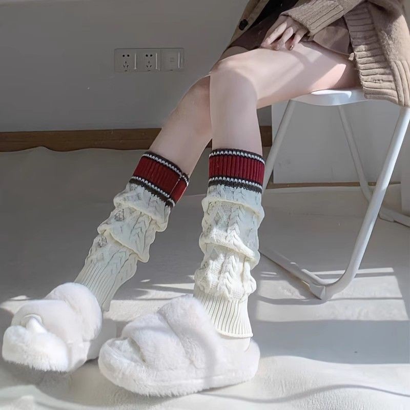 Merad สี-Blocking ถัก Twist ถุงเท้าฤดูใบไม้ร่วงฤดูหนาวความอบอุ่น Beige Mid-Tube Pile-Leg Cover Matching Snow Bo