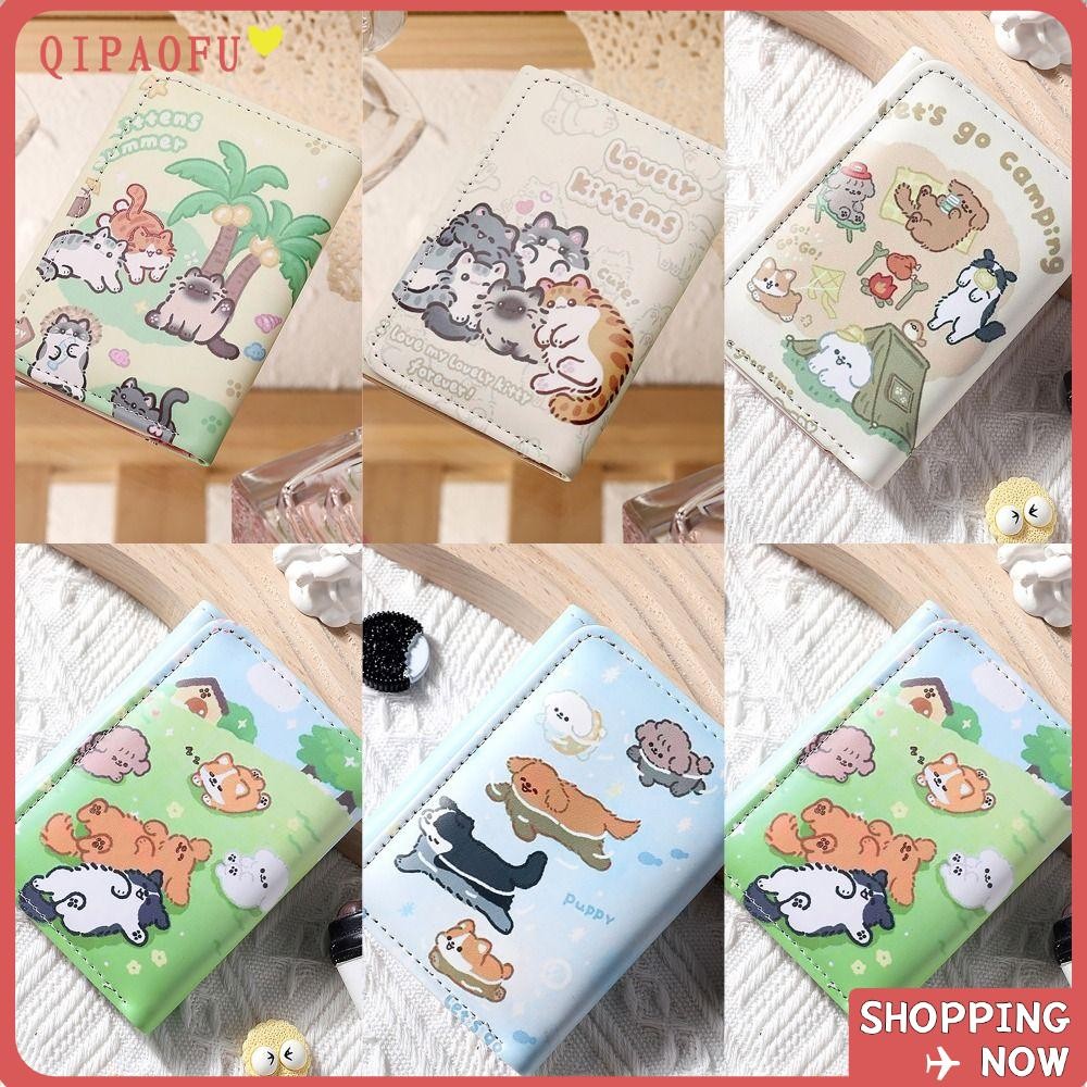 Qipaofu บัตรเครดิต Holoder, PU หนัง INS สไตล์กระเป๋าเงินใส่เหรียญ, Vintage 3 พับน่ารักลูกแมวสุนัขกระเป๋าสตางค์กระเป๋าเงินสําหรับนักเรียนหญิงของขวัญ