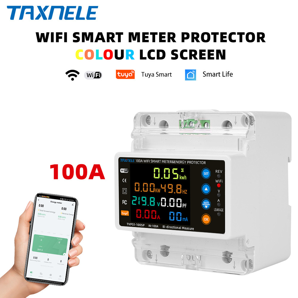 Taxnele 100A TUYA WiFi Smart Earth Leakage Voltage Protector Energy Power kWh Meter circuit breaker