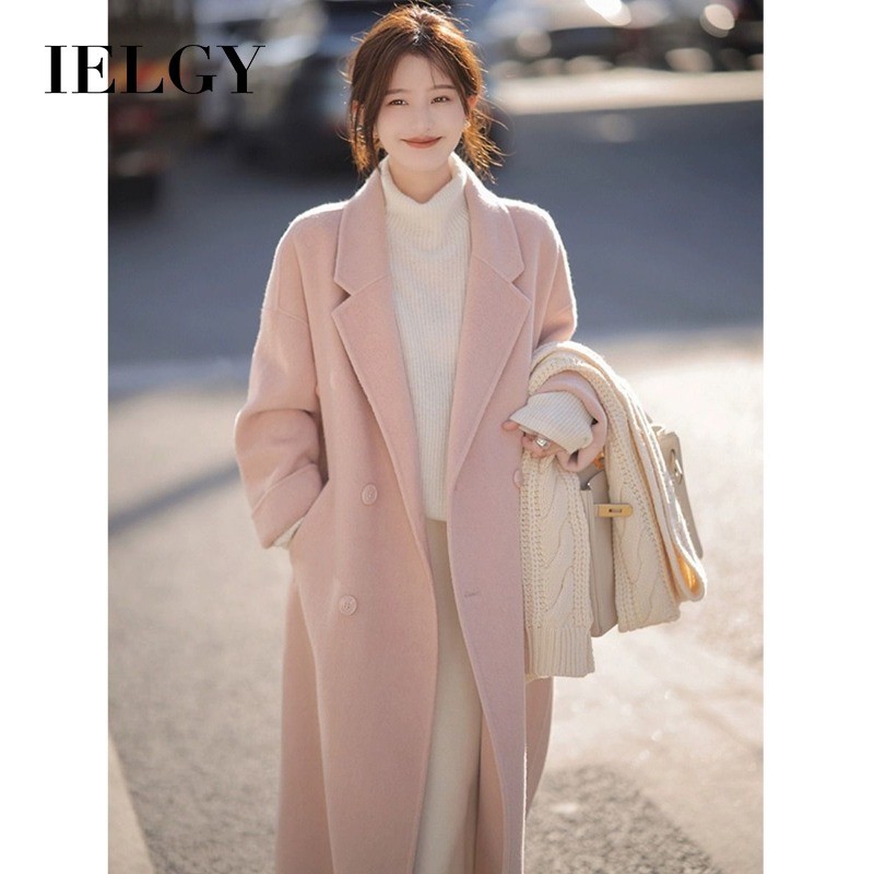 IELGY เสื้อโค้ทขนสัตว์สีชมพูสําหรับผู้หญิงเสื้อโค้ทขนสัตว์ยาวปานกลางสไตล์เกาหลี