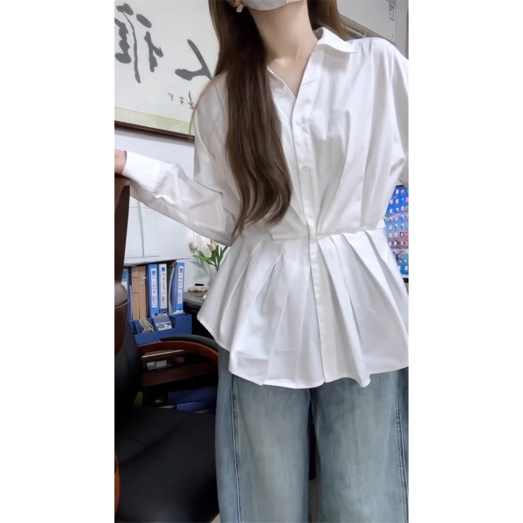 CTB315 ใหม่เสื้อเชิ้ตสีขาวผู้หญิง ทรงสวยเอวเท่ารูปคอปกแขนยาว อก34 ฟรีไซส์ สวมใส่สบาย ดีเทลเก๋น่ารักต