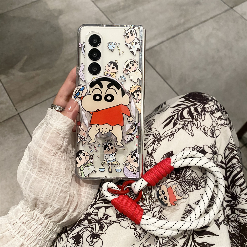 การ์ตูน ตลก เครยอนชินจัง magnetic วงเล็บ เชือกเส้นเล็ก เคส Samsung Galaxy Z Fold 6 5 4 3 Case Magnetic การชาร์จแบบไร้สาย โปร่งใส PC พลิกปก เคส
