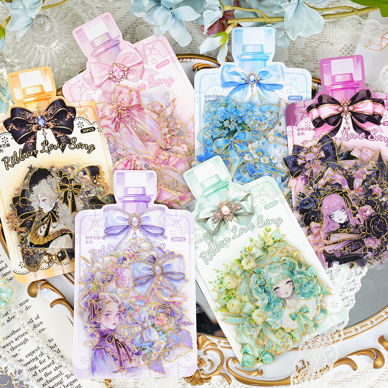 ไดลี่|30 แผ่นเป็น Bowknot Theme Gilding Stamping สติกเกอร์แพ็คริบบิ้น Love เพลงสติกเกอร์คู่มือ DIY วัสดุตกแต่งตัดฟิล์มสติกเกอร์ Pack คู่มือสติกเกอร์