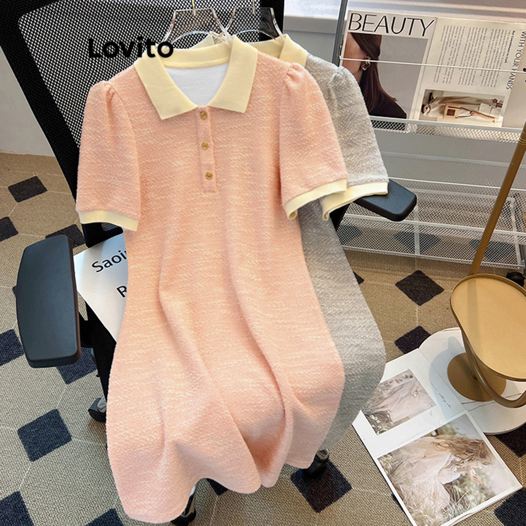 Lovito ชุดเดรสผู้หญิง สีพื้น คัลเลอร์บล็อก สไตล์ลำลอง LNE70835