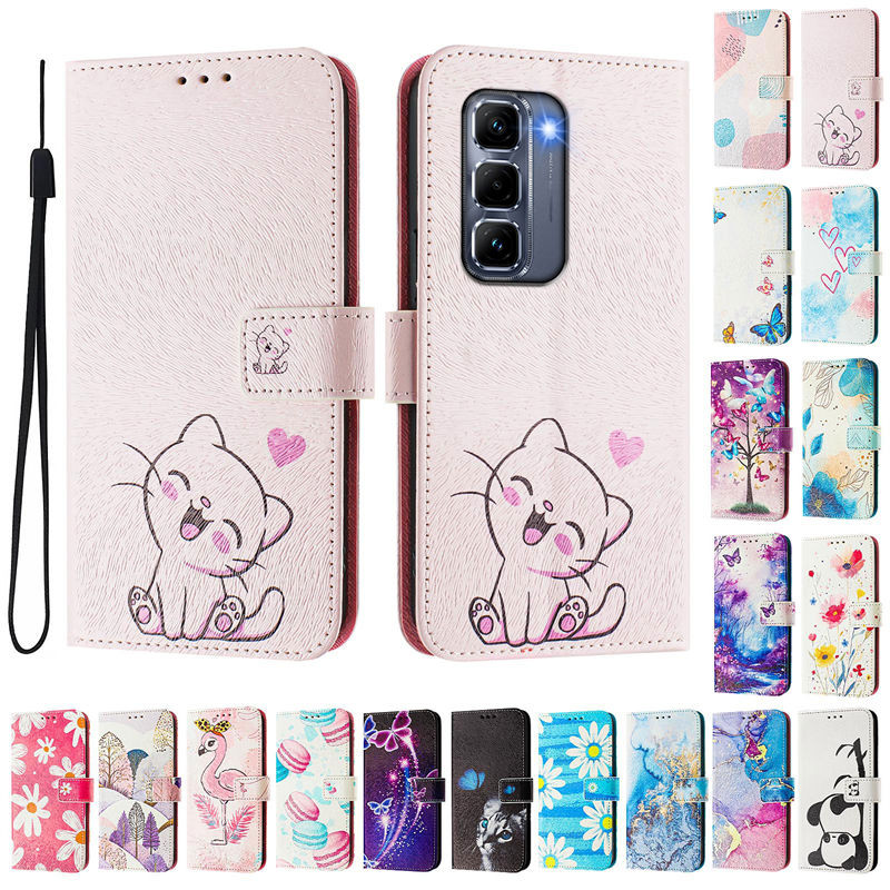 Infinix Hot 50 Pro + 4G X6880 กรณีน่ารักทาสีรูปแบบพลิกเคสโทรศัพท์สําหรับ Infinix Hot 50 5G Hot 50i กรณีแม่เหล็กกระเป๋าสตางค์หนังปกหนังสือ