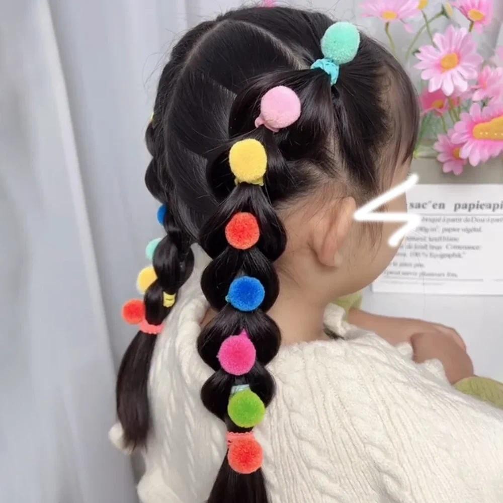 ยางรัดผมเด็กตุ๊กตาบอลหวาน 10 ชิ้น ยางรัดผมยืดหยุ่นสําหรับเด็กสาว พร้อมคลิปผูกผม