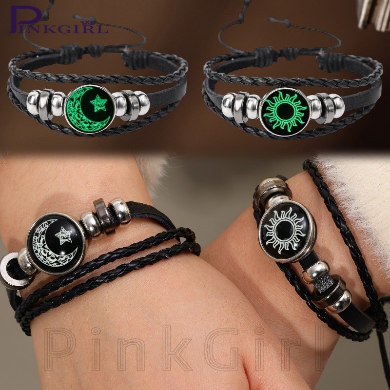 Luminous Sun Moon สร้อยข้อมือคู่-แฟชั่น,วินเทจ-ปรับ,หลายชั้น,หนัง PU-ของขวัญวันวาเลนไทน์-โซ่มือถักสีดํา-คนรักเครื่องประดับ