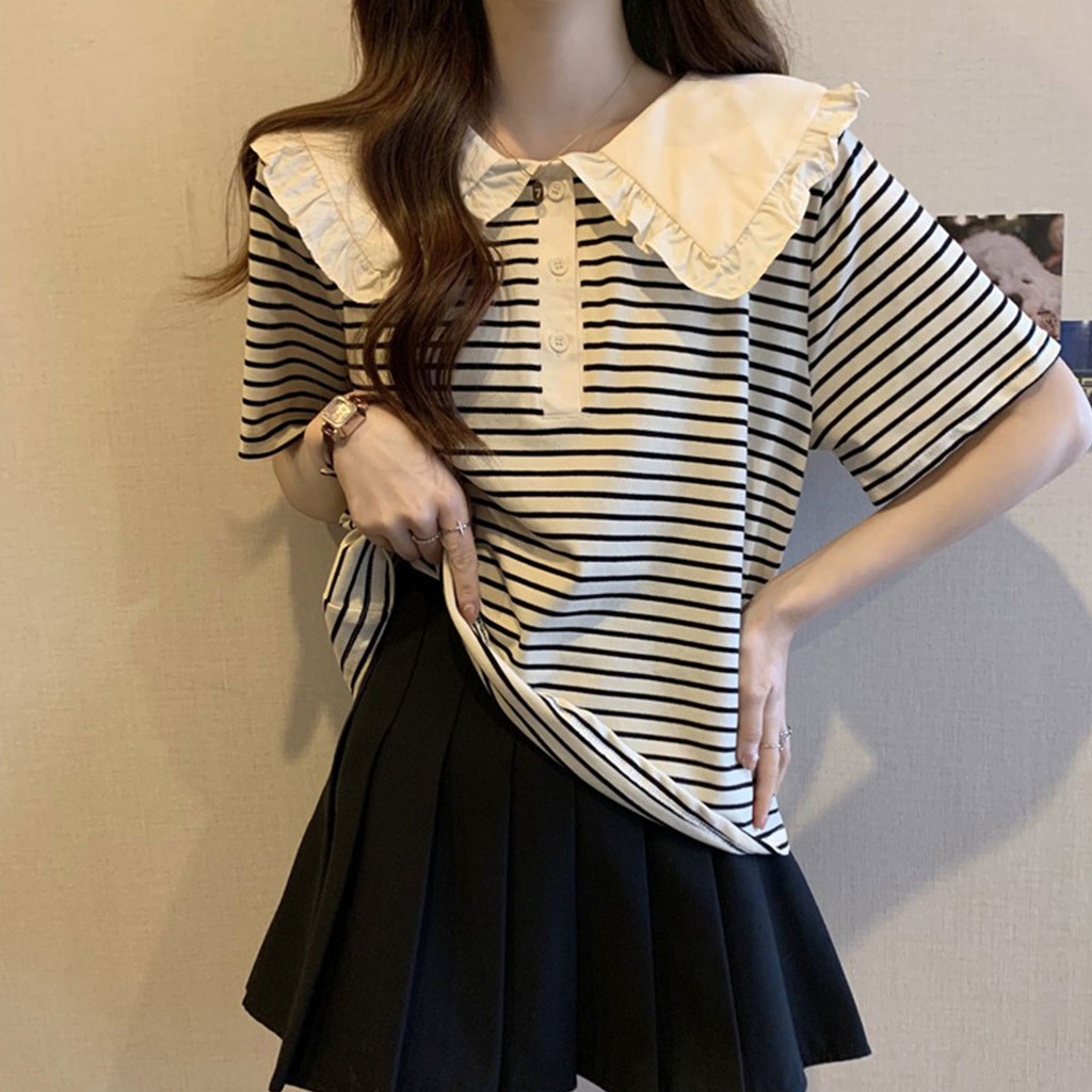 เสื้อยืดแขนสั้นคอปีกลายทาง แนวสตรีทใส่สบาย - รูปที่ 6