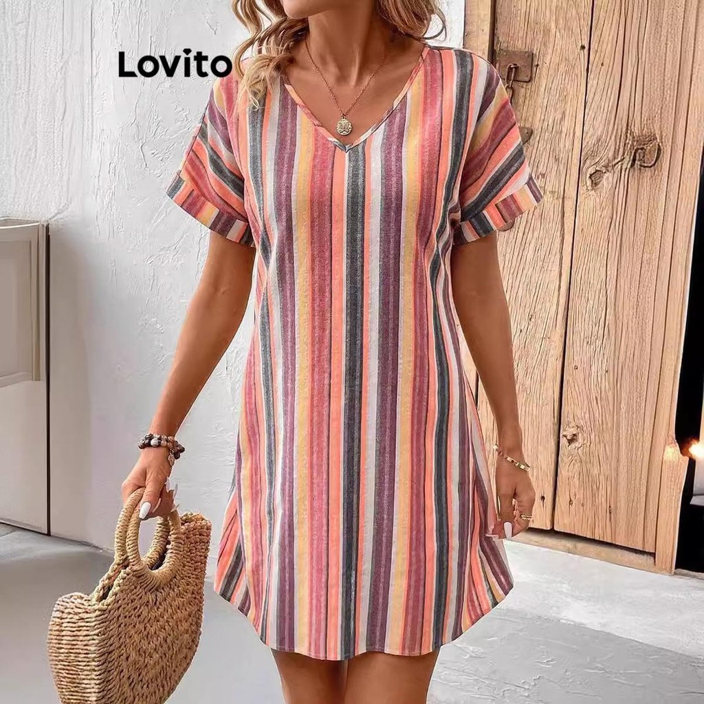 Lovito เดรสผู้หญิง ลายทาง คัลเลอร์บล็อค สไตล์ลำลอง LNL71335