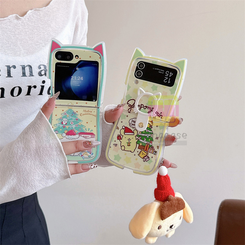 SAMSUNG น่ารักการ์ตูนคริสต์มาสอบเชยสุนัขหูแมวเคสโทรศัพท์พร้อมแหวนรูปการกระทําsamsung Galaxy Z Flip 6 Z Flip 5 Z Flip 4 Z Flip 3 PC Hard Impactป้องกันกรณีFlip6 Flip5