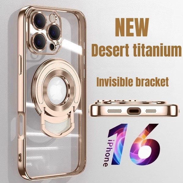 ทะเลทรายไทเทเนียมหรูหราชุบสําหรับiphone 16 Pro Max 15 14 13 12 11 Pro Max 16 Plusแหวนที่มองไม่เห็นKickstandใสกันกระแทกปลอกแข็ง