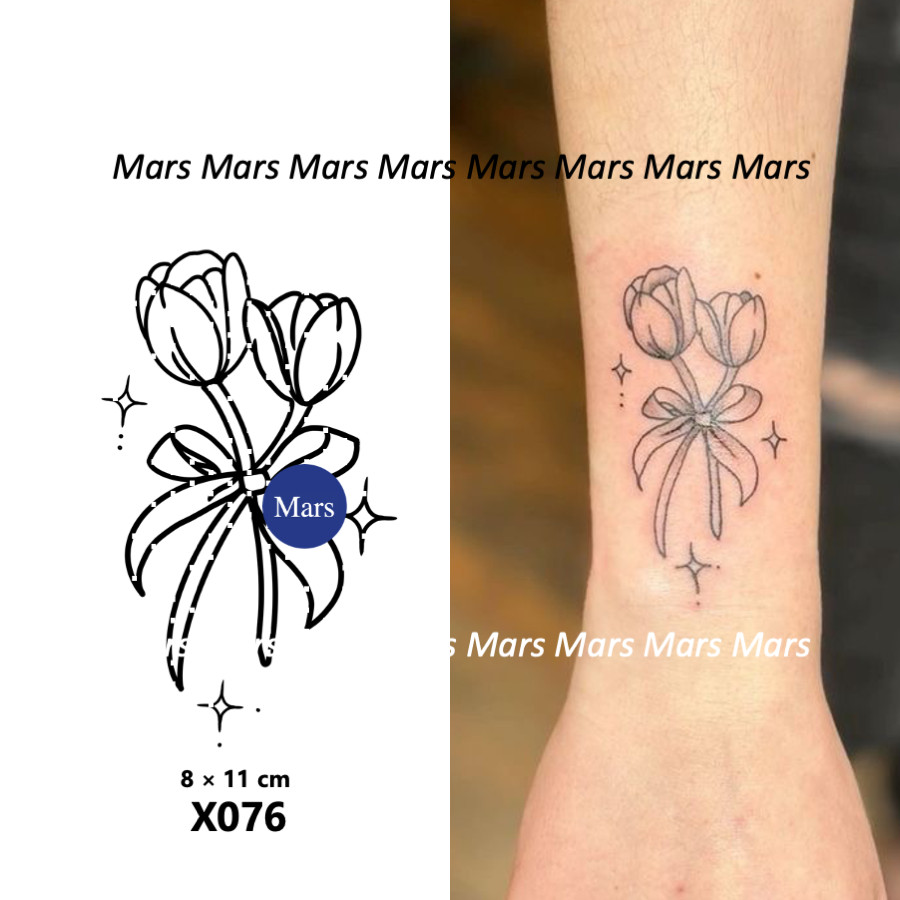 Mars Tattoonew Technology Magic, Long Lasting 2 สัปดาห์, รอยสักกึ่งถาวร, รอยสักชั่วคราว, สติ๊กเกอร์รอยสัก, สักปลอม, "Tulip Minimalism Flowers", X076