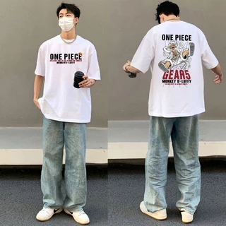 เสื้อยืดคอกลม-แขนสั้น oversize พิมพ์ลาย "OnePiece Luffy" เสื้อยืดผู้ชายเท่ๆ tshirt men สตรีทแฟชั่น สีขาว-สีดำ