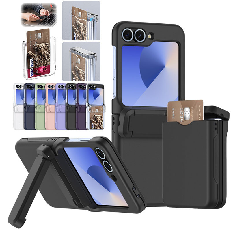 หรูหรา Matte Skin กระเป๋าสตางค์การ์ดใส่เคสโทรศัพท์แบบพับได้ Samsung Galaxy Z Flip 6 Z Flip 5 กันกระแทก Kickstand Holder บานพับ Clear Hard Cover Flip5 Flip6 Flip7
