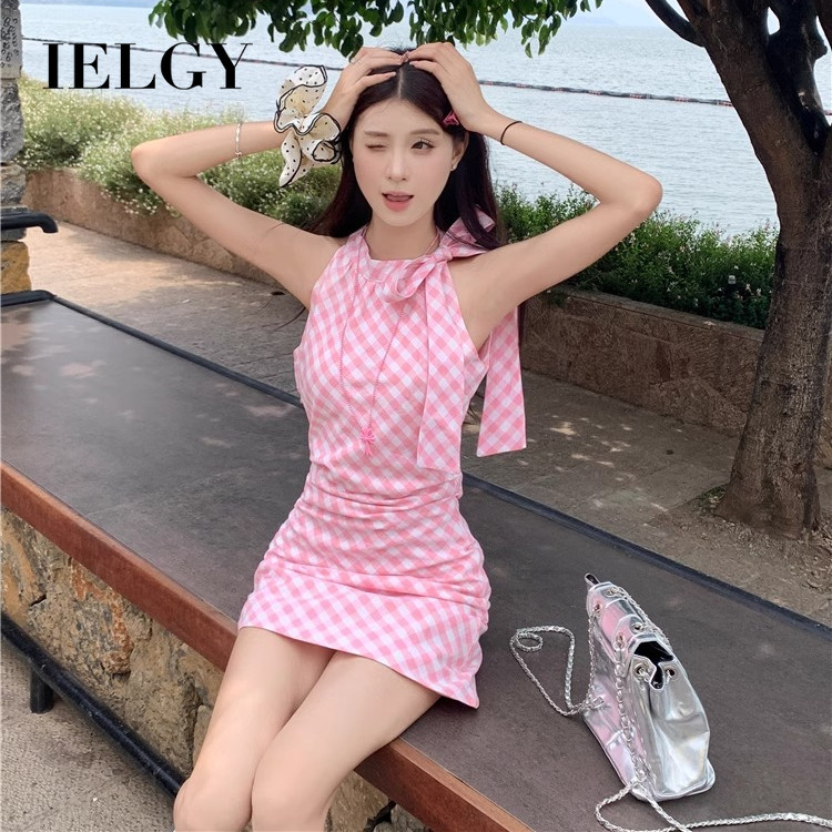 IELGY ชุดเดรสลายสก๊อตคอเชือกแขวนคอแขนกุดเปิดไหล่สีชมพูสําหรับผู้หญิงพร้อมชุดเดรสสั้นแบบผูกโบว์สะโพก