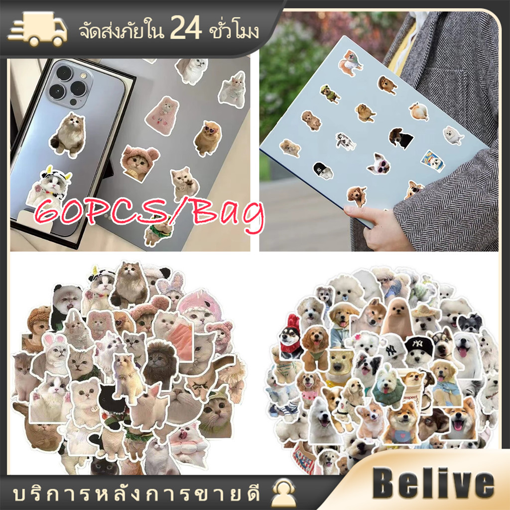 60ชิ้น สติกเกอร์ลายสุนัข แมว ลายสัตว์เลี้ยงน่ารัก ขนาด4-6ซม.กันน้ํา สําหรับติดมือถือ หมวกกันน็อค