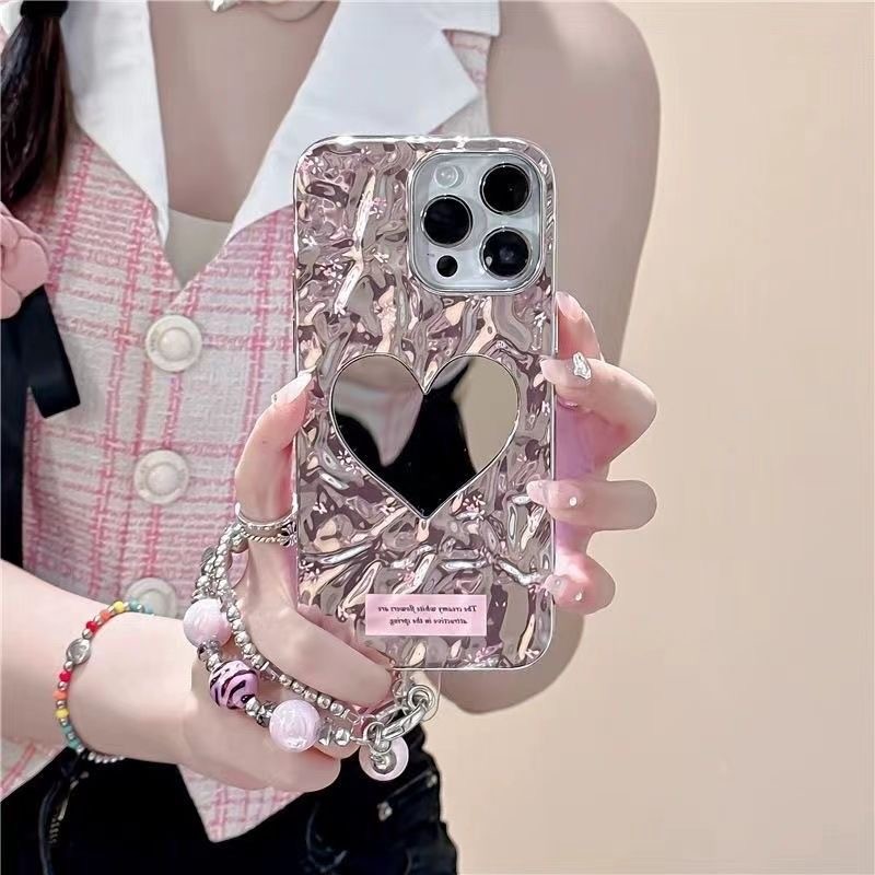 กระจกแต่งหน้าดอกไม้เล็กสีชมพูย่นเหมาะสําหรับ แอปเปิล 16 โปรแม็กซ์ เคสโทรศัพท์ ไอโฟน 15/14/13/12/11