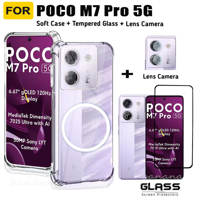 3in1 Poco M7 Pro 5G กรณีแม่เหล็กสติกเกอร์ซิลิโคนอ่อนนุ่มเคสโทรศัพท์สําหรับ Poco M7 5G X7 Pro กระจกนิรภัยป้องกันหน้าจอและฟิล์มเลนส์