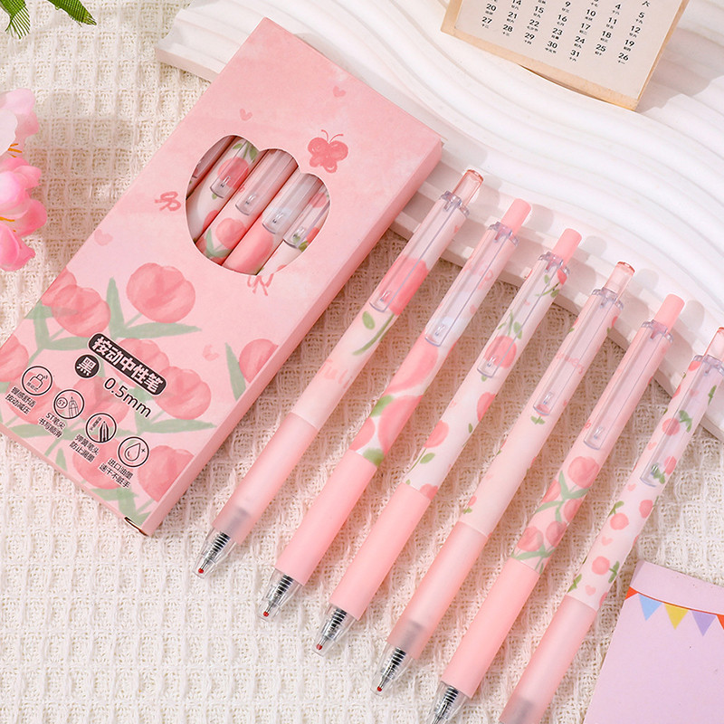 6 ชิ้น Creative Pink Tulip ชุดปากกาเจลนักเรียนขนาดใหญ่ความจุ Quick-Drying ปากกาหมึกสีดํา ST Nib สํานักงานปากกาลายเซ็น