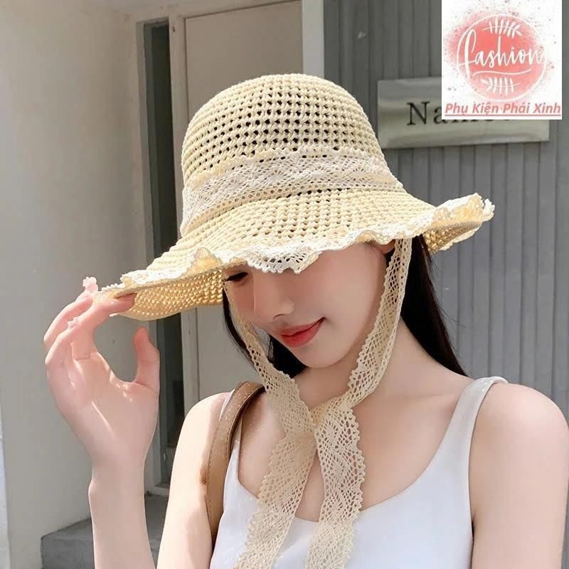 หมวกแฟชั่นชายหาด (Polyster Imitation Sedge พร้อมสายรัดลูกไม้) หมวกกันแดดปีกกว้าง (P0300PKPX)