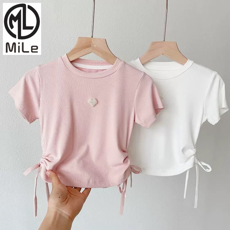 [ML] 90-140 ซม.สาวเสื้อยืดแขนสั้นสไตล์บางแฟชั่นเกาหลีรุ่นเด็กทารกสุภาพสตรีเด็กเสื้อผ้า Love Drawstring Top อินเทรนด์