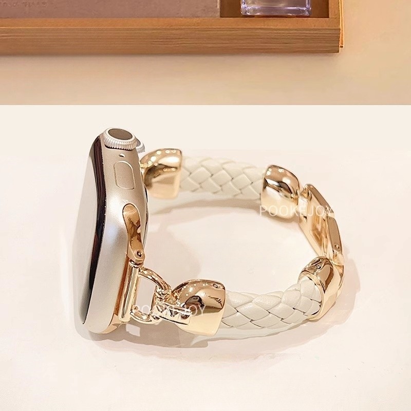 สายรัดข้อมือหนังวัวเกรดพรีเมียมพร้อมเชือกถักสำหรับ iWatch Series 10 46mm 42mm 9 8 7 45mm 41mm สายรัดข้อมือแฟชั่นสำหรับผู้หญิง iWatch Series 6 5 4 44mm 40mm Ultra 2 49mm
