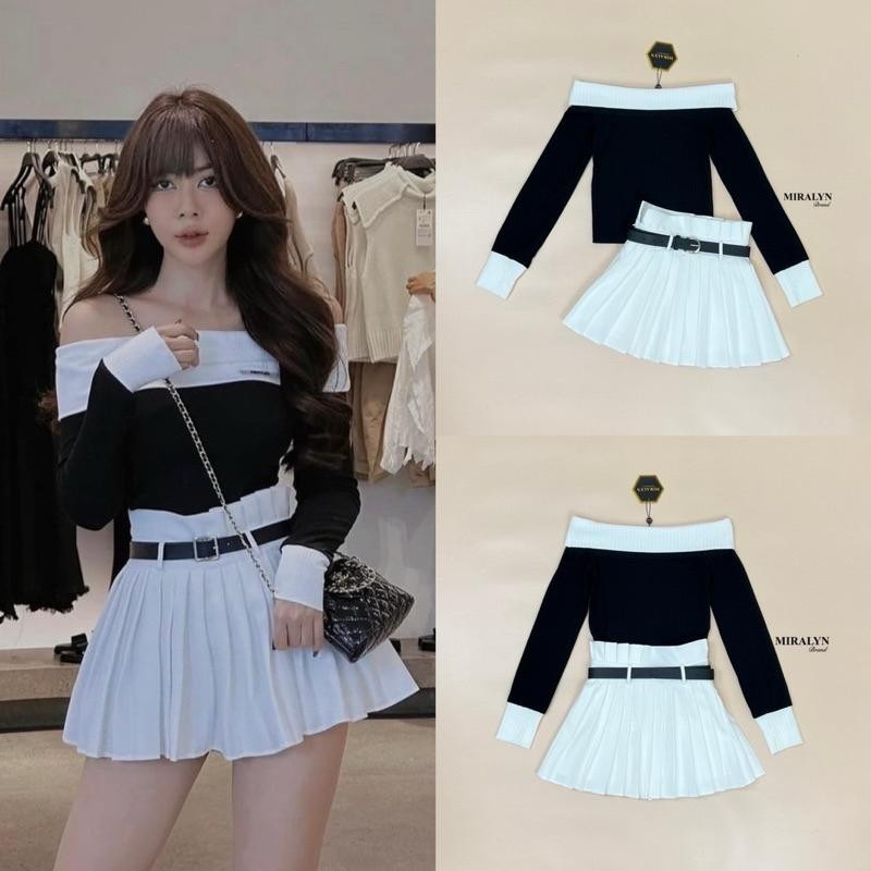 PT.shop (พร้อมส่ง) Miralyn42 เสื้อปาดไหล่+กระโปรงจีบ ชุดน่ารัก
