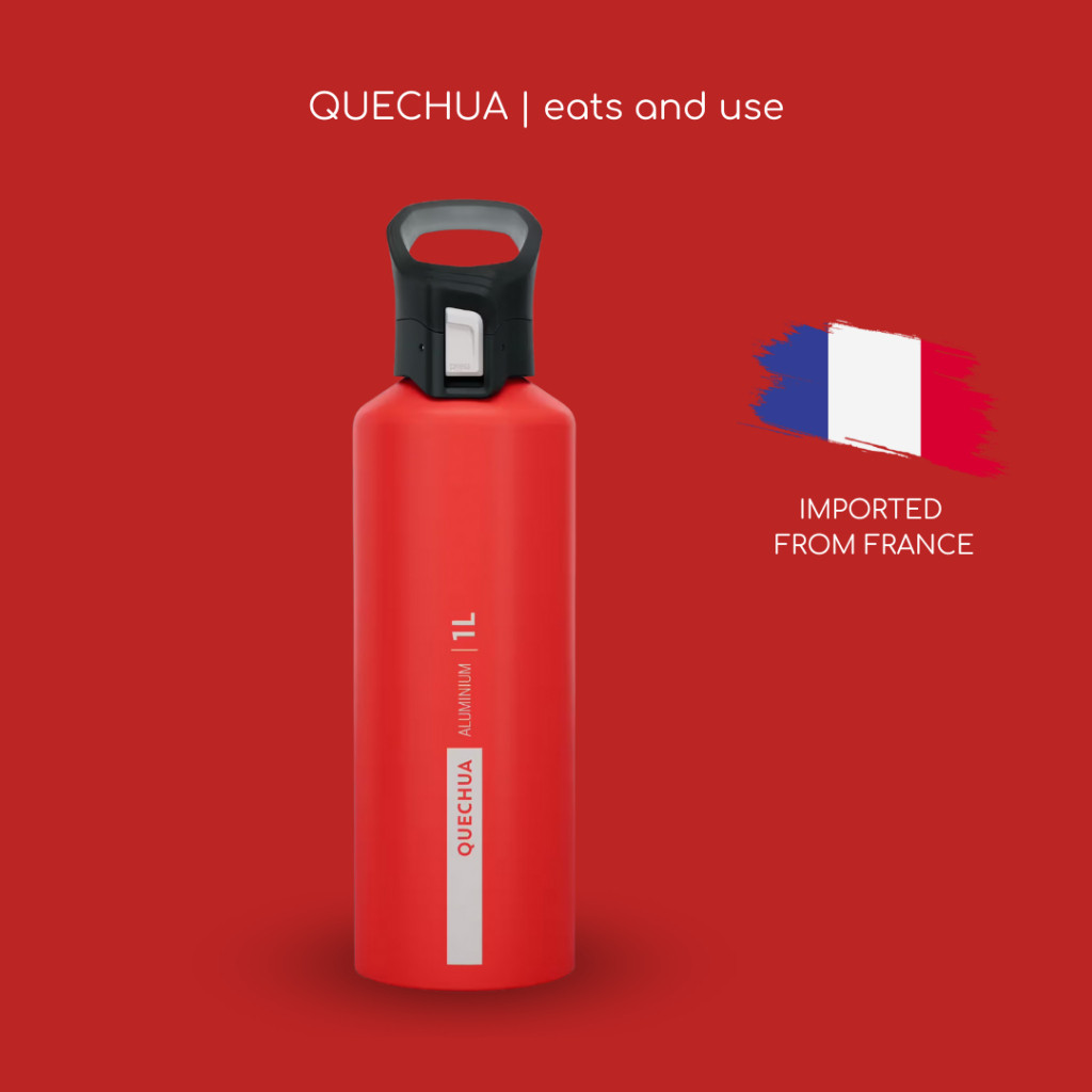 Quechua ขวดน้ำอะลูมิเนียม พร้อมฝาแบบเปิดง่ายรุ่น MH500 ขนาด 1 ลิตร (สีแดง)