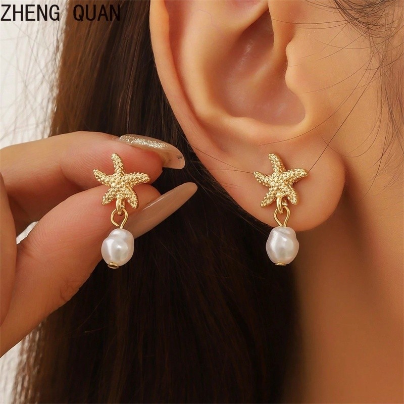 Bohemian ปลาดาวต่างหูมุก Gold-Tone ต่างหูมุกสําหรับผู้หญิงเครื่องประดับแฟชั่น Ocean-Inspired Layered ชุดของขวัญ 2025 อินเทรนด์ฤดูร้อน