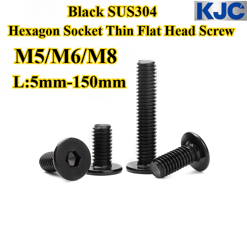 [KJC-NLJLS] สกรูหัวแบนบางซ็อกเก็ตหกเหลี่ยม SUS304 สีดํา M5/M6/M8 น็อตหัวแบน, ความยาว 5 มม.-150 มม. สกรูเฟอร์นิเจอร์