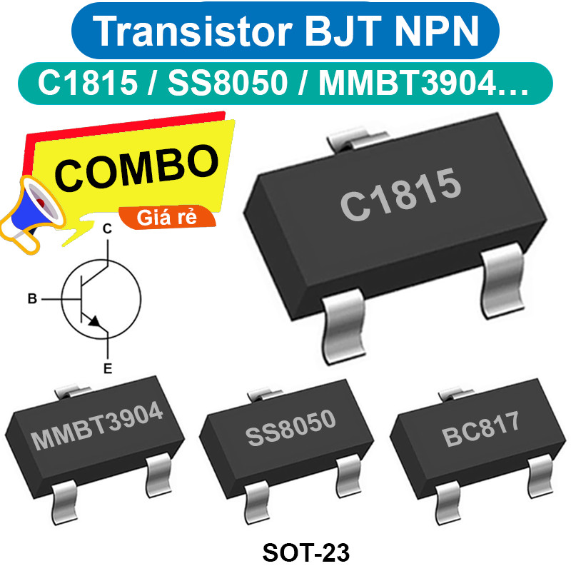 (100 ชิ้น) ทรานซิสเตอร์ BJT NPN C1815 / SS8050 / MMBT3904 / ... พิน SOT-23