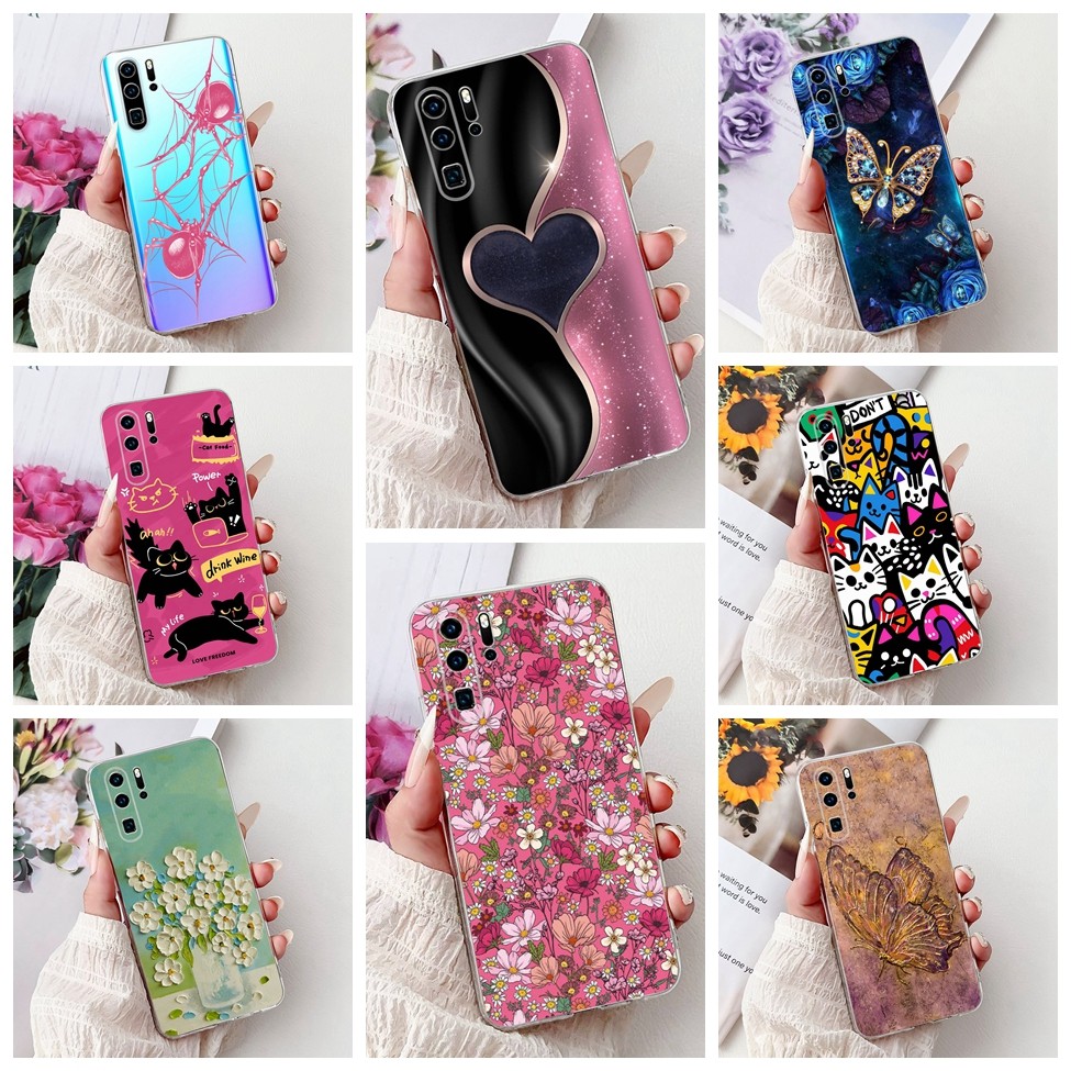 Huawei P30Pro VOG-L09 VOG-L29 VOG-TL00 กรณี Huawei P30 Pro ฝาครอบใสแฟชั่นผีเสื้อดอกไม้แมวน่ารักรักนุ่มปกหลัง