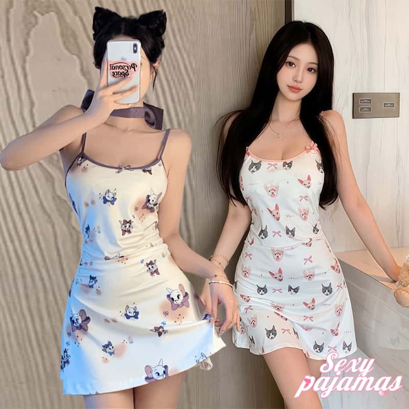 sexy pajamas เซ็กซี่และน่ารัก ชุดนอนลูกไม้พร้อมสายเอี๊ยม ชุดนอนกระโปรง ลายโบว์แมวน่ารัก ผ้าที่สวมใส่สบาย