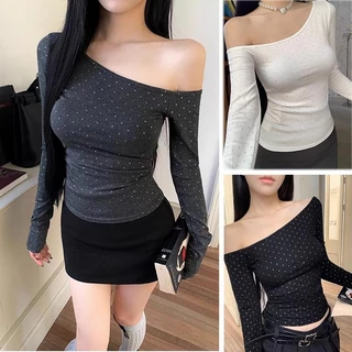 BIMI เสื้อยืด ไหล่เฉียง แขนยาว ดีไซน์อเมริกัน สำหรับผู้หญิง สินค้าใหม่ฤดูร้อน สาวฮอต เปิดไหล่ เสื้อสลิมฟิต สไตล์
