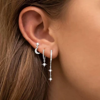 3 ชิ้นZircon Star Moon Hoopต่างหูผู้หญิง 18K Gold Plated Dangleต่างหู Hypoallergenicเครื่องประดับ