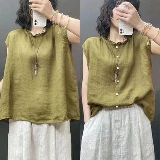 2025 เสื้อเชิ้ตผ้าฝ้ายลินินแขนกุดคอวีขอบระบายใหม่สำหรับผู้หญิงในฤดูร้อน