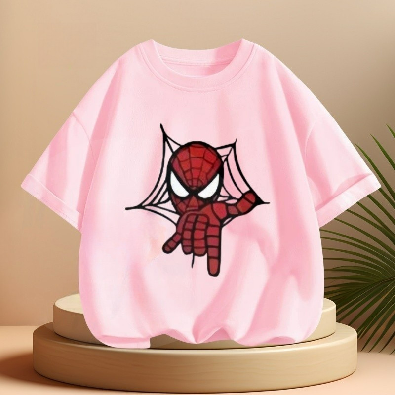 🕷️เสื้อยืดลายสไปเดอร์แมน เด็กชายผู้หญิง เสื้อยืดผ้าคอตตอน 100% ลายทาง TZCM2396 ตัวอักษร หลวม ลายสกรีน ฤดูร้อน สะกดสี