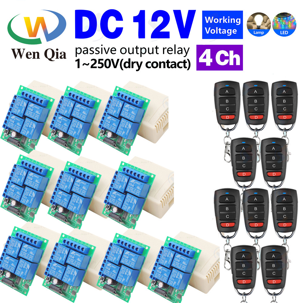 433Mhz ขายส่ง 10 ชุดรีโมทคอนโทรลไร้สาย DC12V 4CH RF รีเลย์สําหรับแสง/โรงรถประตู/LED DIY