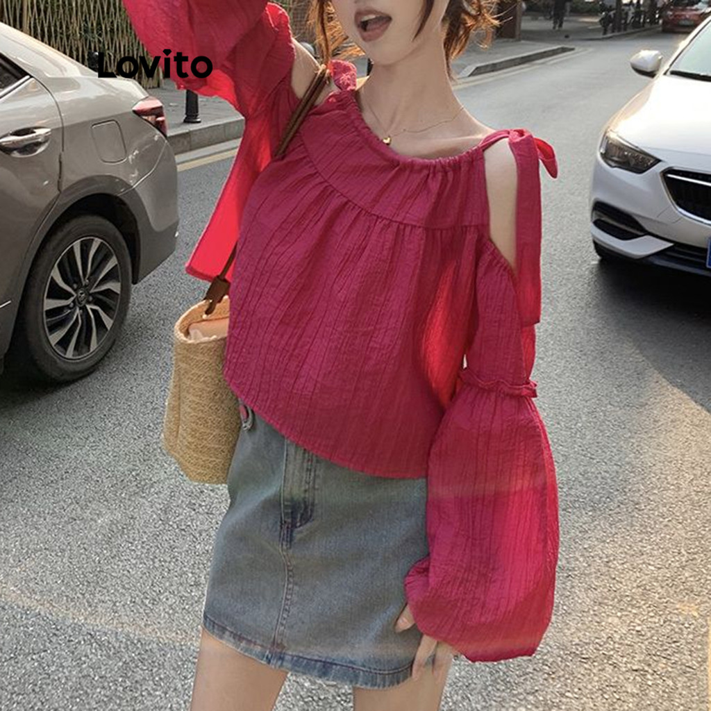Lovito เสื้อยืดแต่งระบาย ผูกโบหลัง แบบคัทเอ้าท์ สีพื้น สไตล์ลำลอง สำหรับผู้หญิง LNA08129 (สีชมพู) ราคา ถูกที่สุด ดีลบีเคเค แกลเลอรีภาพที่ 4
