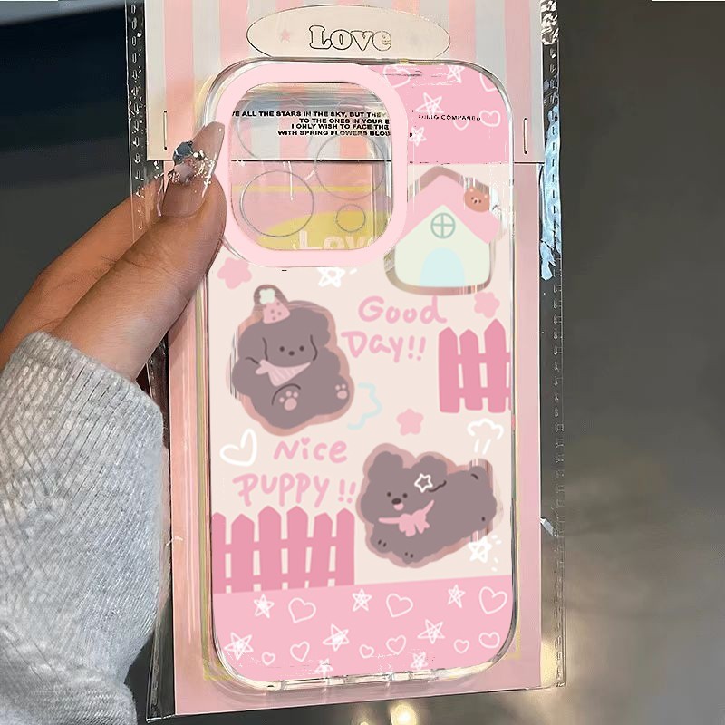 ปลอกสําหรับiPhone 16 15 14 13 12 11 Pro Max 16E XR X XS Max 7 8 Plus SE2 มินิน่ารักสุนัขมีความสุขGraffitiโบว์ดอกไม้รักเชอร์รี่ลูกสุนัขใสกันกระแทกTPU Soft Cover - รูปที่ 7