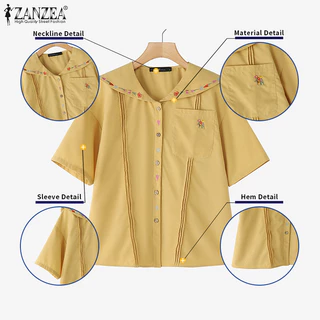ZANZEA ซานเซีย ผู้หญิงเกาหลีลําลองแขนสั้นเย็บปักถักร้อยพิมพ์เสื้อกระเป๋า