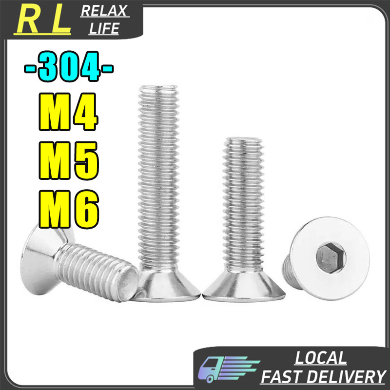 [RL] น็อต สกรู หัวจม เตเปอร์ สแตนเลส 304 เกลียวมิล หยาบ M4 M5 M6 Flat Head Hexagon Socket Countersunk Machine Screw SUS304