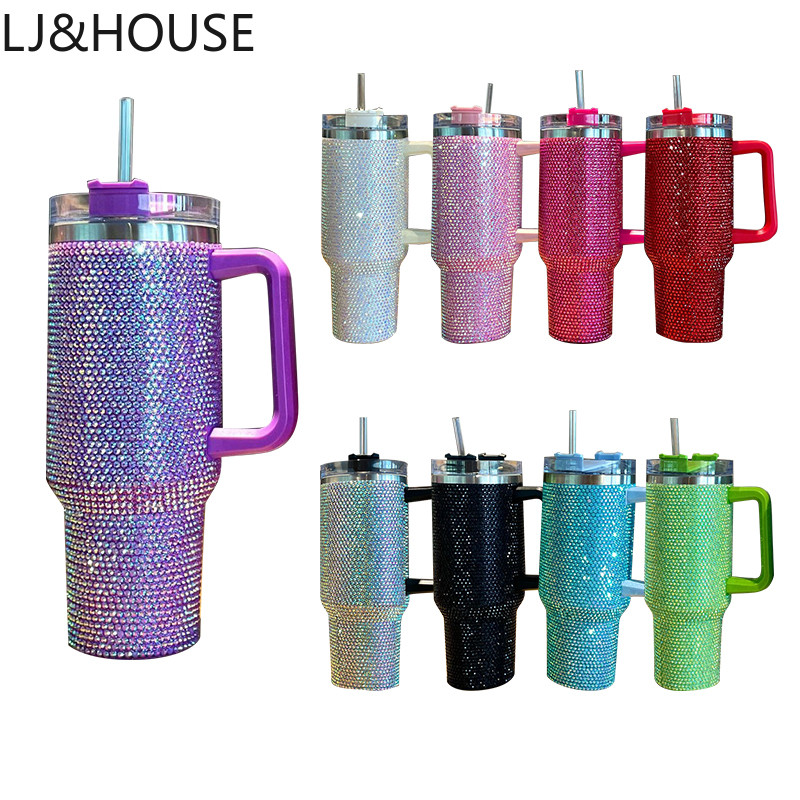 40oz Shiny Diamond Tumble Cup พร้อมที่จับ,ขวดฉนวนกาแฟสแตนเลสกระติกน้ําสูญญากาศรถยนต์กระติกน้ําร้อนเย็นและน้ําแข็ง