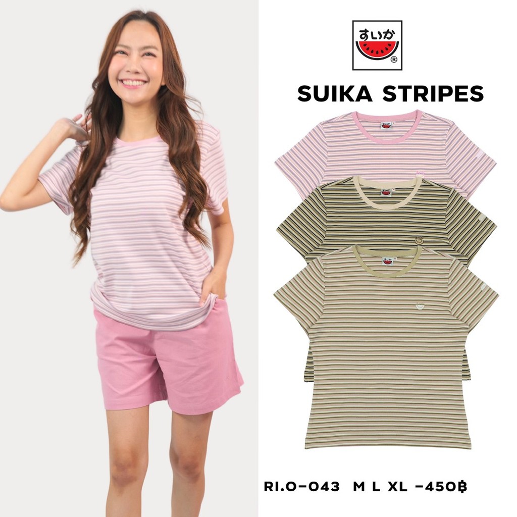 เสื้อแตงโม (SUIKA)-เสื้อยืดแตงโมคอกลมแขนสั้น ผ้าคอตตอนอินเตอร์ล๊อค ลายริ้ว (RI.O-043)