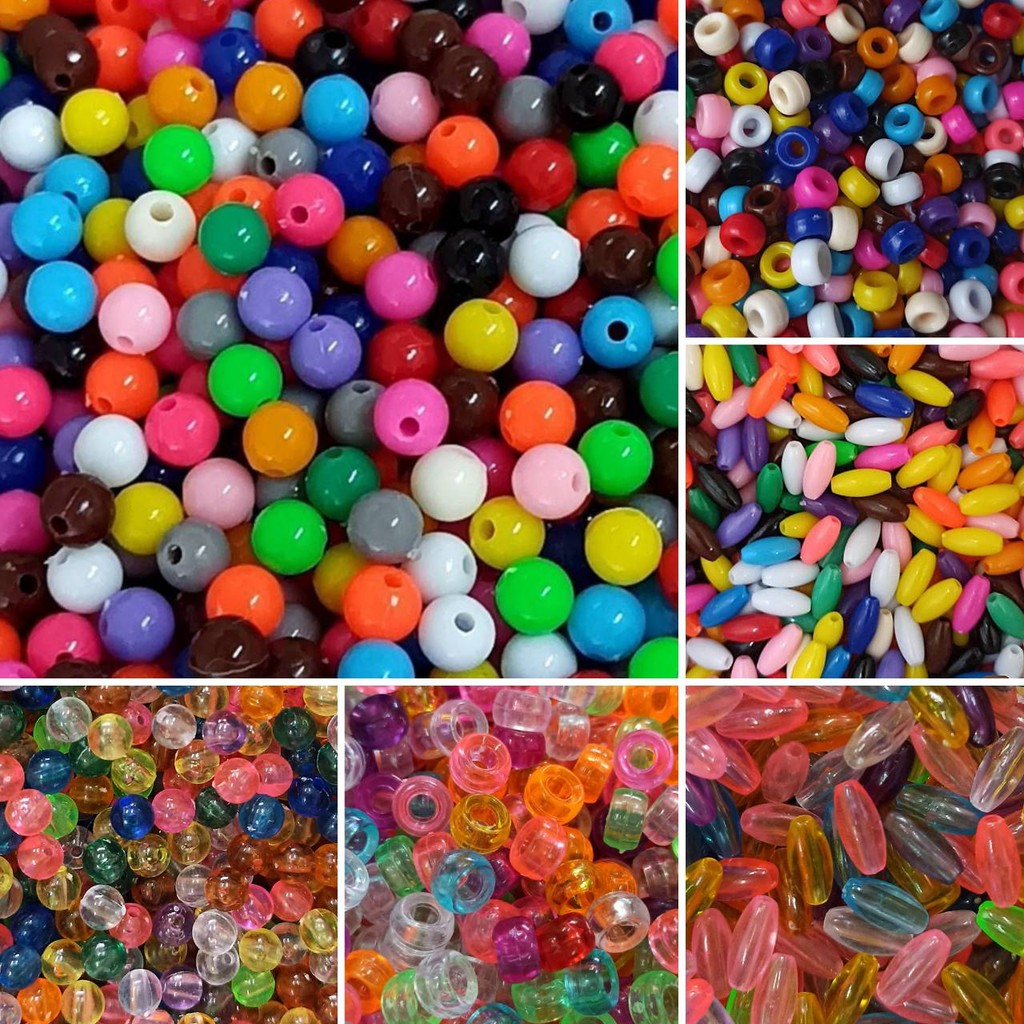 ลูกปัดพลาสติกคละสี ทรงกลม 6,8 มิล ทรงรี ทรงกระดูกงู คุณภาพดี ปริมาณ 100 และ 500 กรัม
