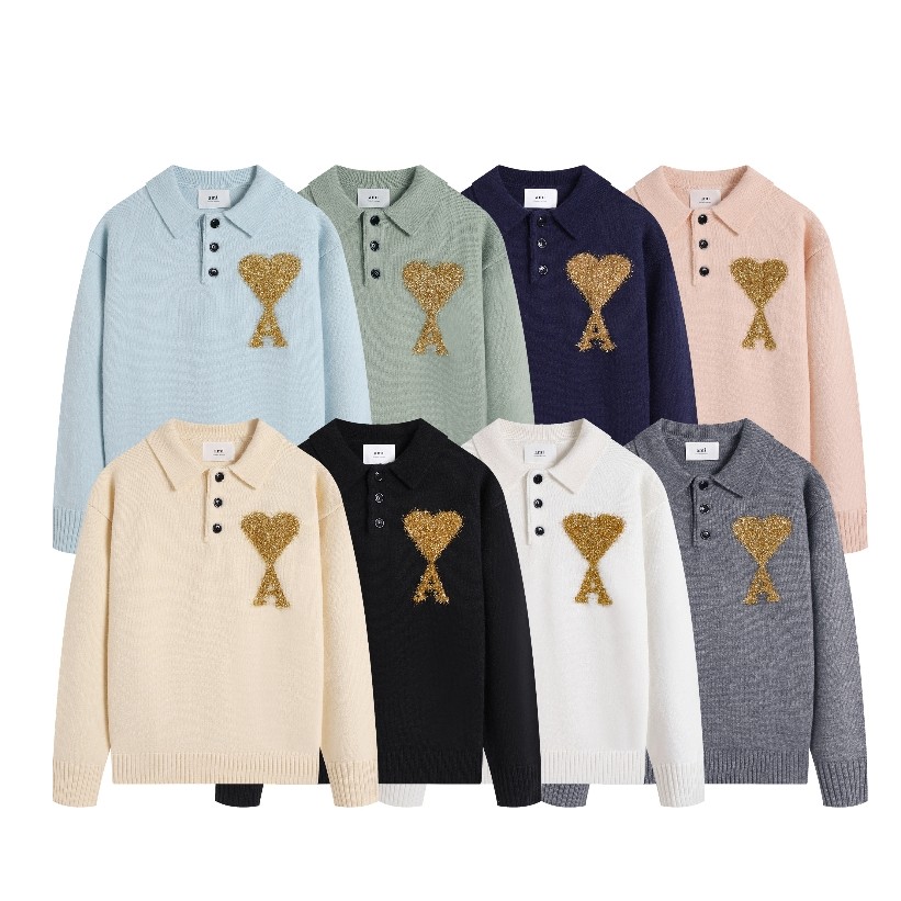 ใหม่ polo Lapel Gold Thread Big Heart Sweater
